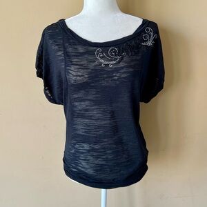 Beckyanne Small Black Flower Beaded Dressy Shirt Top